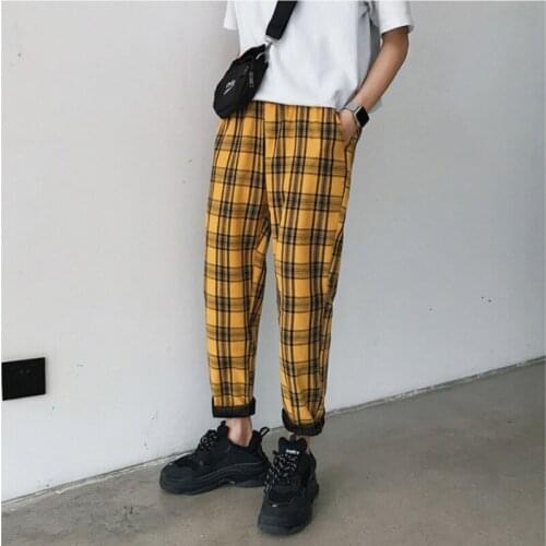 Korean Men Plaid Pants Joggers Male Vintage Ankle length Trousers Streetwear Fashion Men Casual Loose Hip Hop Track Pants