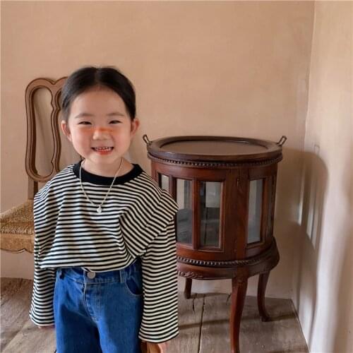 Korean childrens clothing 2021 autumn new childrens T-shirt Korean stripe bottomed shirt childrens casual top kids clothes