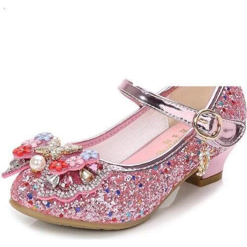 Children Princess Leather Shoes New Girls High Heels Sequin Childrens Shoes Small And Medium Girls Princess Shoes Student Shoes