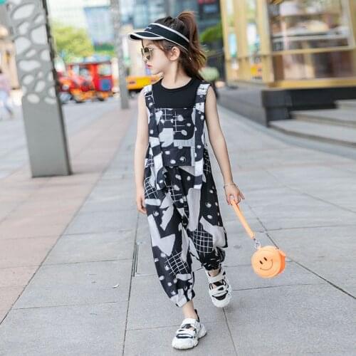 Kids Girls Print Overalls Suits 8 10 12 years Sleeveless Black Tops two-piece Summer Teen Girls Outfit