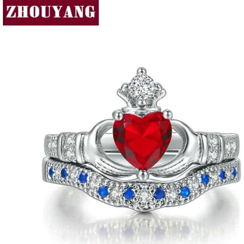 ZHOUYANG Ring Sets For Women The Princess Style Red Crystal Love Heart Cubic Zirconia 2 PCS Wedding Gift Fashion Jewelry DZR009