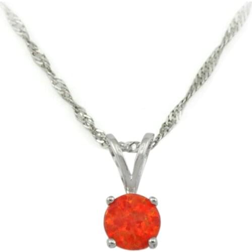 Orange Fire Opal 6mm Round Silver Plated Necklace Pendant With Chain Best For Partty and Gift Free Box OP435