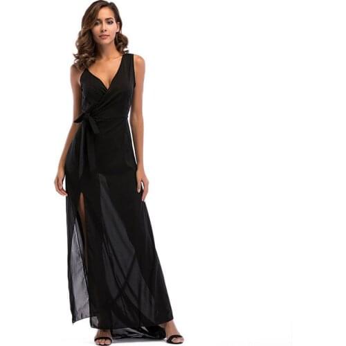 Temperament Fairy V-Neck dress New Chiffon Dress European and American split strap dress elegant dress women long dress