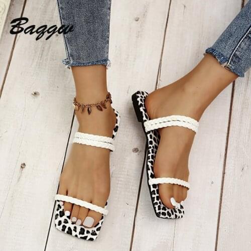 Women Summer Slippers Leisure Ladies Leopard Printed Squared Toe Slippers Shoes Sandals Weave Slip-On Beach Female Flats Shoes