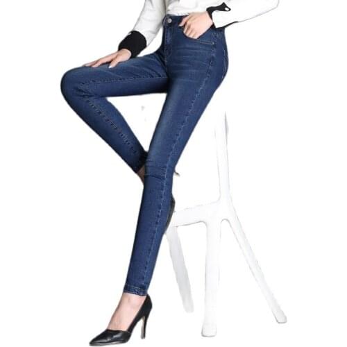 Womens Skinny Jeans Elastic Stretch Tight Straight Autumn Pencil Feet Denim Jeans Dark Blue Ankle Length S To 6XL Dropshipping