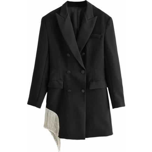 ZA Women 2021 Fashion Double-breasted Blazers Coat Vintage Long Sleeves Female Black Slim Tassel Drill Decoration Chic Outerwear