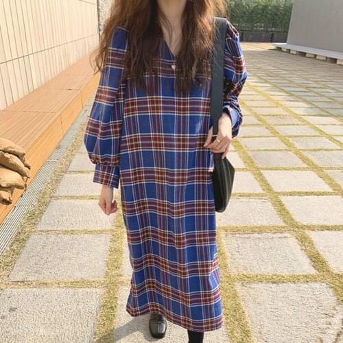 2020 Women Autumn Vintage Plaid V Neck Long Loose Straight Dress Full Sleeve Midi Pullover Dresses