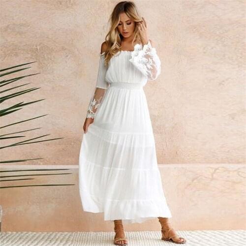 Womens Fashion Dress Slash Neck Lace Stitching Long Dress Long Sleeve Dress