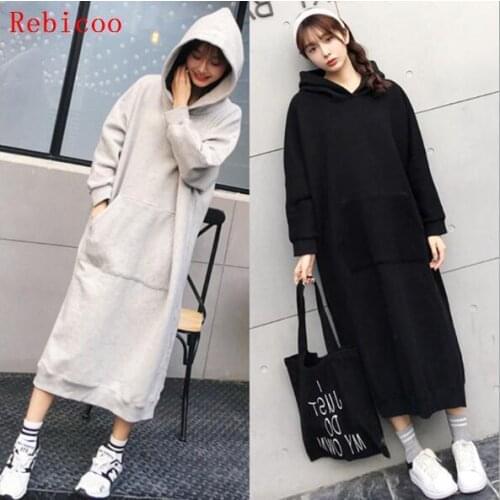 Women Autumn Casual Loose Cotton Long Hoodies Sweatshirt Long Sleeve Dress Fashion Solid Dresses Femme Vestidos