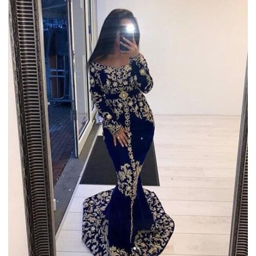 Dubai navy blue Mermaid Caftan Evening Dresses Arabic v neck Long Sleeves Velvet gold Lace vestaglia donna Prom Gowns Karakou