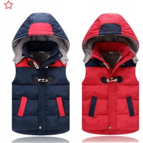 Childrens Winter Down-Cotton Warm Hoodie Vest Boys Girls Student Sleeveless Jacket Removable Hat Kindergarten Class Clothes