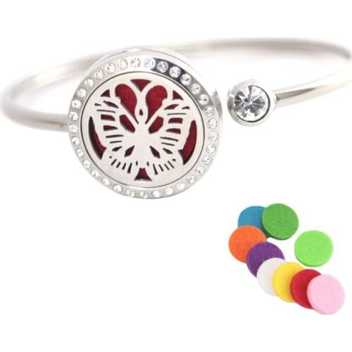 10Pcs Butterfly locket Bracelet Bangle Aromatherapy 25mm Magnet Crystal Stainless steel essential oil diffuser locket bracelet