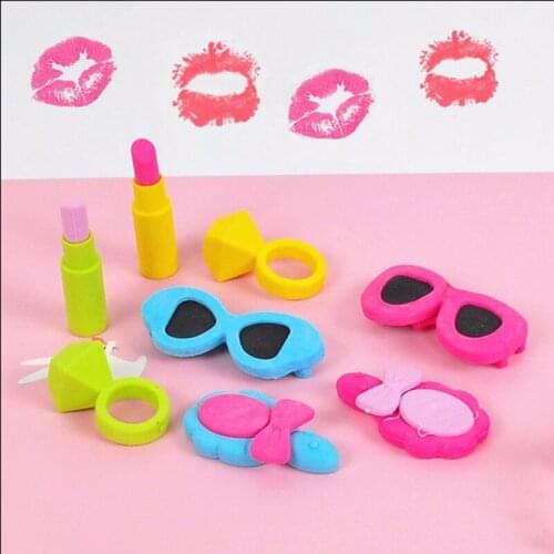 2Pcs/Set Random Rubber Creative Makeup Lipstick Eraser Glasses Cute Cartoon Student Eraser School Stationery Office Supplies
