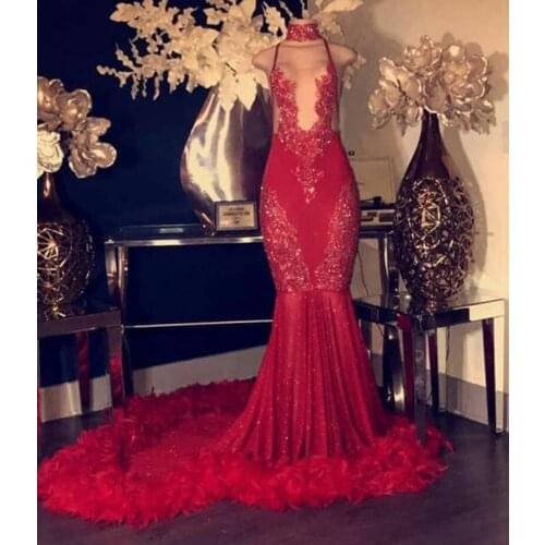 2019 Prom Dresses Sexy Mermaid High Neck See Through Beads Feathers Sweep Train African Black Girls Graduation Dresses BP0432