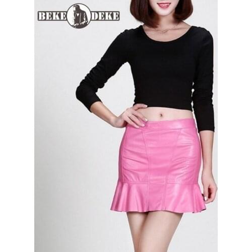 2020 New Genuine Sheepskin Pleated Mini Skirt Fashion Office Lady Short Skirt Streetwear Red Zipper Wrap Skirts Plus Size 4XL