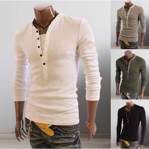 2021 Men Tee Shirt V-neck Long Sleeve Tee&Tops Stylish Slim Buttons T-shirt Autumn Casual Solid Male Clothing Plus Size M-3XL