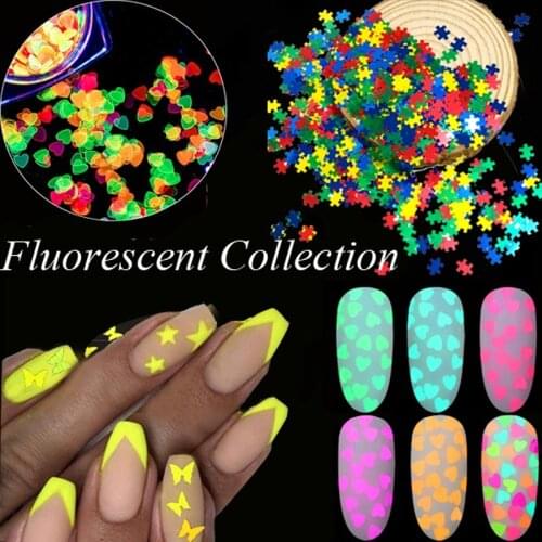 50g/bag 4mm Luminous Nail Sequin Glitter Puzzle/Butterfly/Heart Design for Nail Decoration Fluorescence Flake Glitter PD104-67js