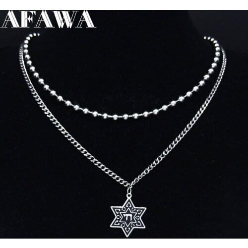 AFAWA 2pcs Jewish Star of David Chai Stainless Steel Necklace Pendant Religious Charms Factory Direct Sell Jewelry N3700S02