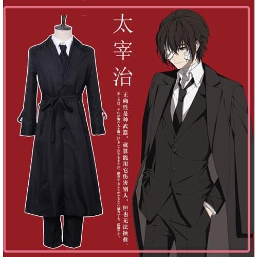 Anime Bungo Stray Dogs Dazai Osamu Cosplay Costumes Men Long Windbreaker Dazai Wig Black Suits Halloween Costume For Women CS179