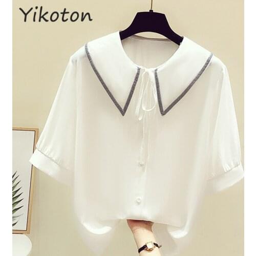 Women Doll Collar Solid Chiffon Kawaii Blouses and Shirts Summer 2021 New Korean Fashion Soft Cute Girls Tops Casual Ladies Chic