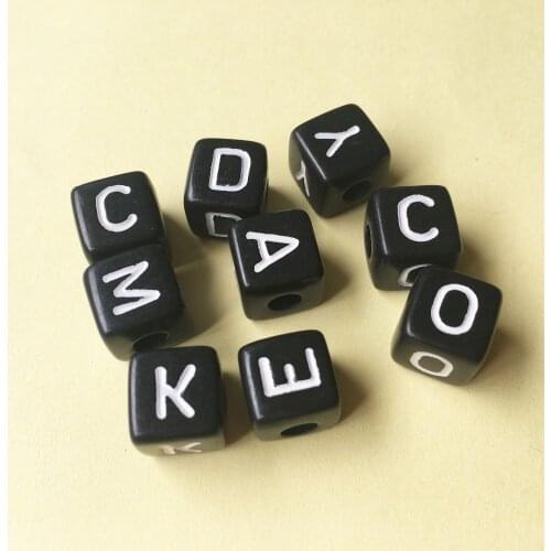 Wholesale 550PCS/lot Mixed A-Z 10*10MM Black with white Printing Plastic Acrylic Square Cube Alphabet Letter Initial Beads