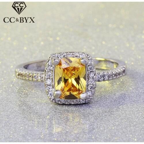 CC Rings For Women Silver 925 Wedding Engagement Bridal Jewelry Cubic Zirconia Rectangle Yellow Stone Ring Accessories CC594