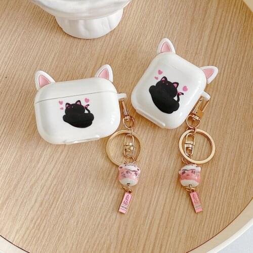 Cartoon Cute Cat Earphone Case For Airpods 1 2 Pro Wireless bluetooth headset Charging box cover With Pendant ceramic lucky cat