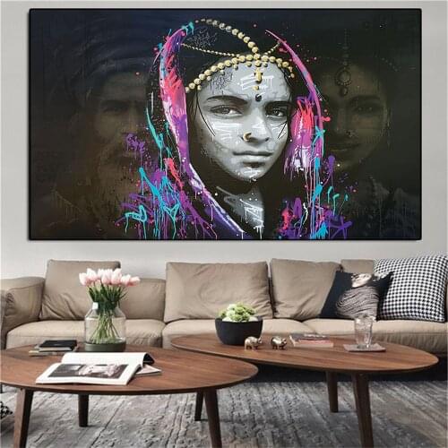 Indian girl Graffiti Art Paintings on the Wall Portrait Art Poster and Prints Street Art Canvas Pictures For Religion Home Decor