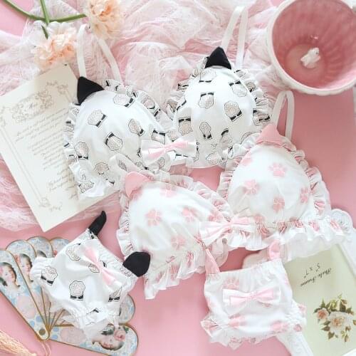 Cat ears cute lolita lori thin retro cotton lingerie set without steel ring embroidered flower bra set triangle cup underwear