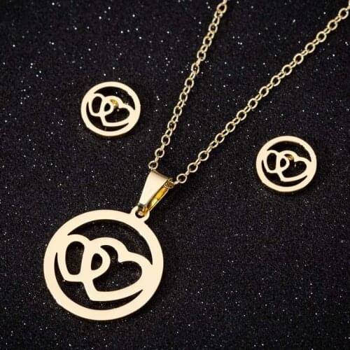Romantic Hollow Double Heart Pattern Earrings Necklace Set Gold Color Chain Jewelry Sets Wedding Jewelry Valentines Gift