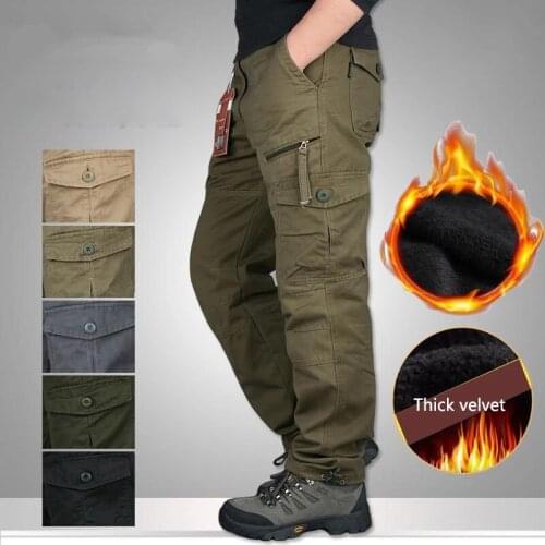 Mens Winter Baggy Cargo Pants Fleece Thick Warm Multi Pocket Military Joggers Straight Slacks Long Trousers Outwear Sport Pants