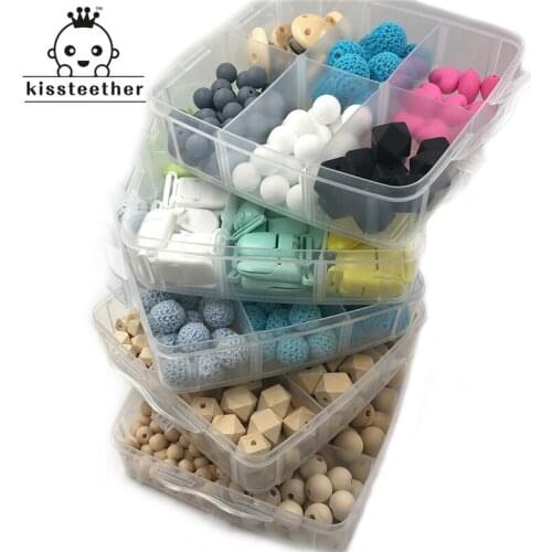 5 Boxed Wooden Teething Blending Geometric Hexagon Round Crochet Beads Wooden Teether Pacifier Clip DIY Baby Teether Toys Set