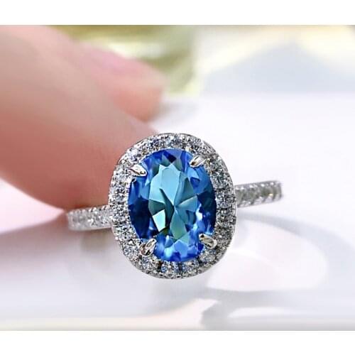 Fashion Charms 925 Solid Sterling Silver 7*9MM Oval Aquamarine Ruby Sapphire Wedding Engagement Ring For Women Fine Jewelry