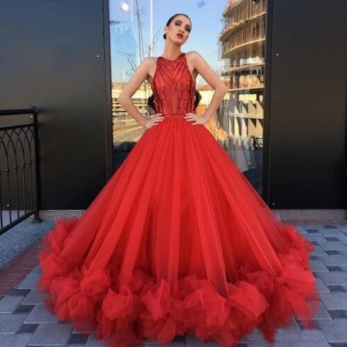 Charming Design Cheap Tulle Ball Gown O-neck Beadings Sequin Red Prom Dresses vestidos de gala Evening Party Dress