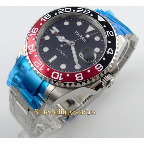 Parnis 40mm black dial red&blue bezel GMT sapphire glass Automatic mens watch