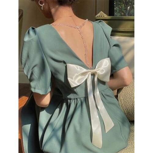 Backless Bow Dress Women Puff Sleeve Sweet Vintage Mini Dresses For Women 2021 Summer Partywear Slim Elegant Dress Female CX1717