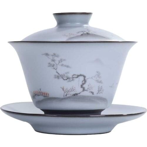Retro ru kiln gaiwan Jingdezhen hand-painted ink painting cover bowl large opening film household tea bowl tureen