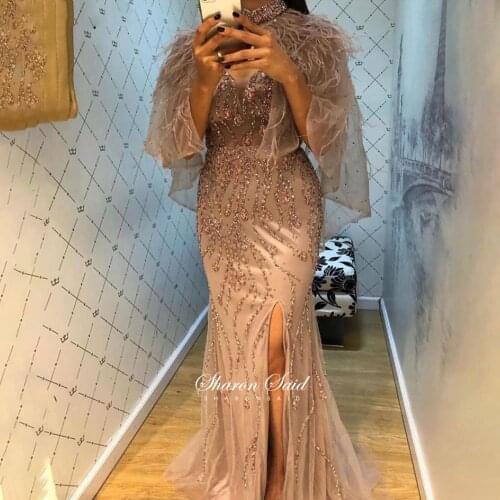 Luxury Feathers Mermaid Evening Dress with Shawl Cape Beaded Lavender Long Prom Dresses Sexy Side Split Formal Graduation Gowns