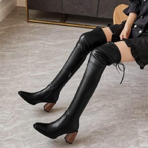 New winter sexy club PU red black womans long boots zipper block high heels stretch booties overknees women thigh high boots