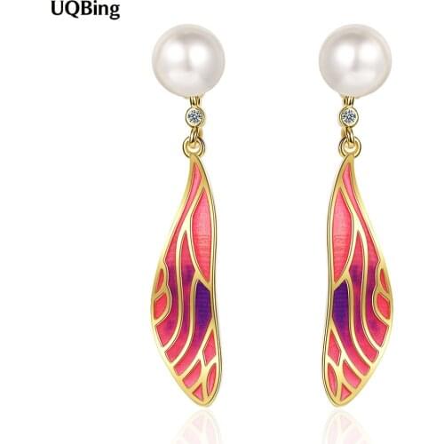 925 Sterling Silver Epoxy Gradient Wings Pearl Stud Earrings For Friends Gifts Jewelry Wholesale