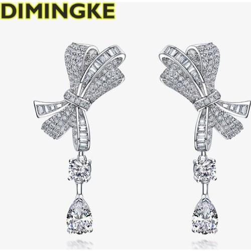 DIMINGKE 6*9MM Diamond Bowknot Silver Earrings 100%-S925 Fashion Female Jewelry Party Birthday Gift