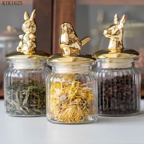 European-style Glass Sealed Jar Gold-plated Animal Candy Snack Storage Box Kitchen Storage Container Home Decorative Jewelry Box