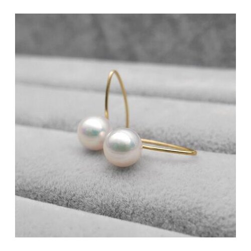 Luminous 7.5-8mm White Genuine Akoya Pearl Hook Drop Earrings 18k Yellow Gold