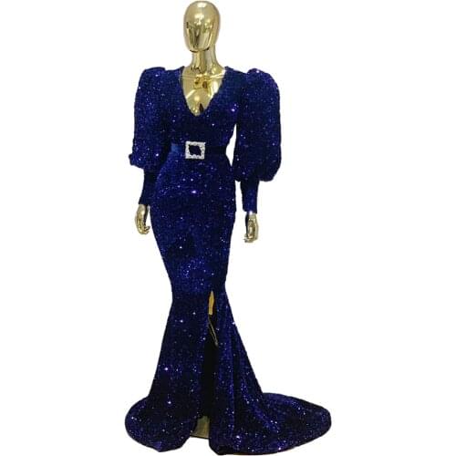 V Neck Full Lantern Sleeves Trumpet Women Party Ceremony Dress Royal Blue Sequined Engagement Dress Long Floor Length 2021