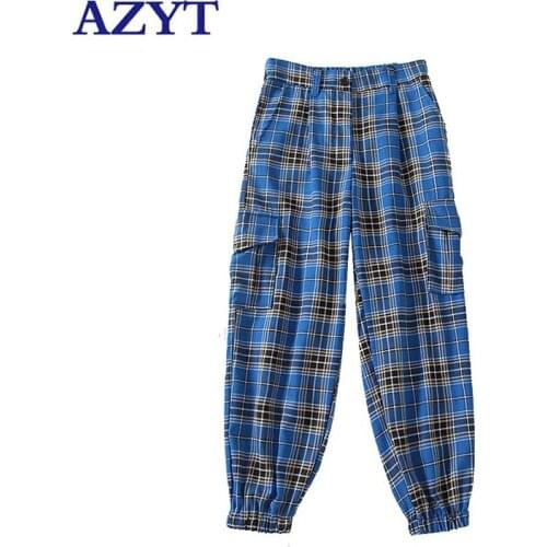 AZYT Harajuku Style Plaid Woman Pants 2021 Autumn Loose High Waist Woman Cargo Pants Casual Pocket Sweatpants Female