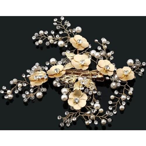 SLBRIDAL Elegant Handmade Golden Crystal Pearls Flower Leaf Wedding Hair Clip Barrette Bridal Headpieces Hair accessories Women