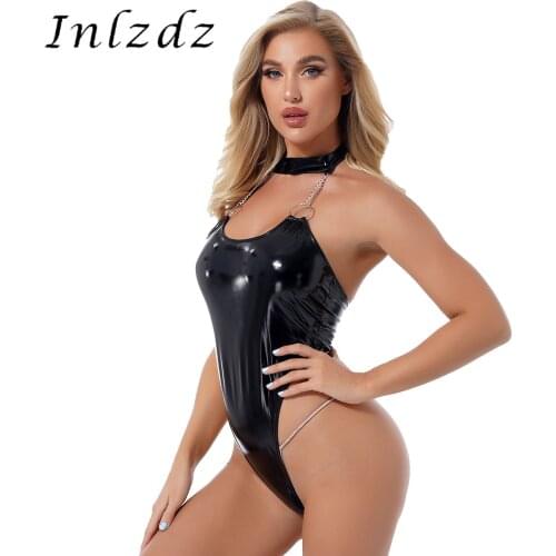 Womens Lingerie High Cut Leotard Bodysuit Halter Neck O Ring Metal Chain Decor Catsuit Glossy Backless Patent Leather Clubwear