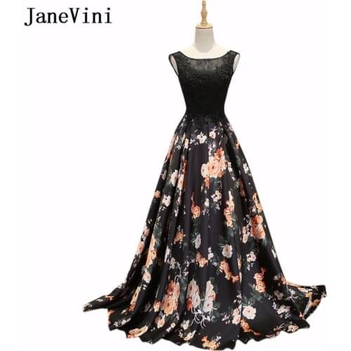 JaneVini Black Floral Girls Bridemaids Dress Long Sweep Train Flowers Pattern Beaded Lace Prom Dresses Wedding Party Gowns 2019