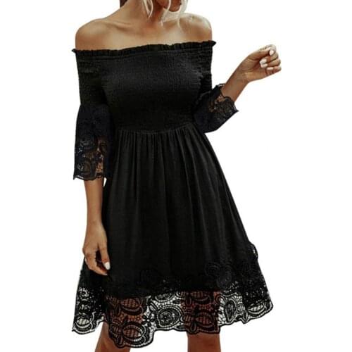 50% Hot Sales Ladies A-line Dress Lace Stitching Horizontal Collar Black Dress for Party