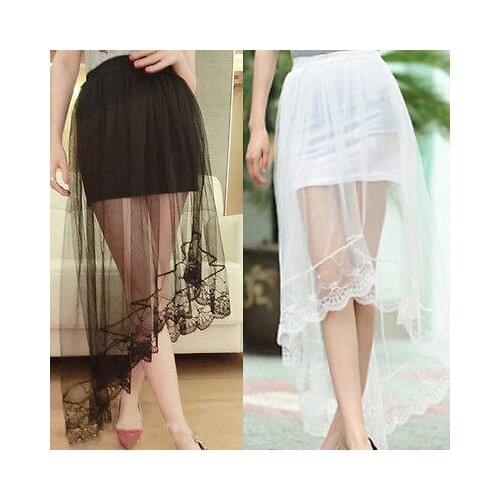 2017 Vintage Skirt Women Mesh Perspective Lace Tail Stretch High Waist Plain Skater Flared Pleated Long Skirts Black White